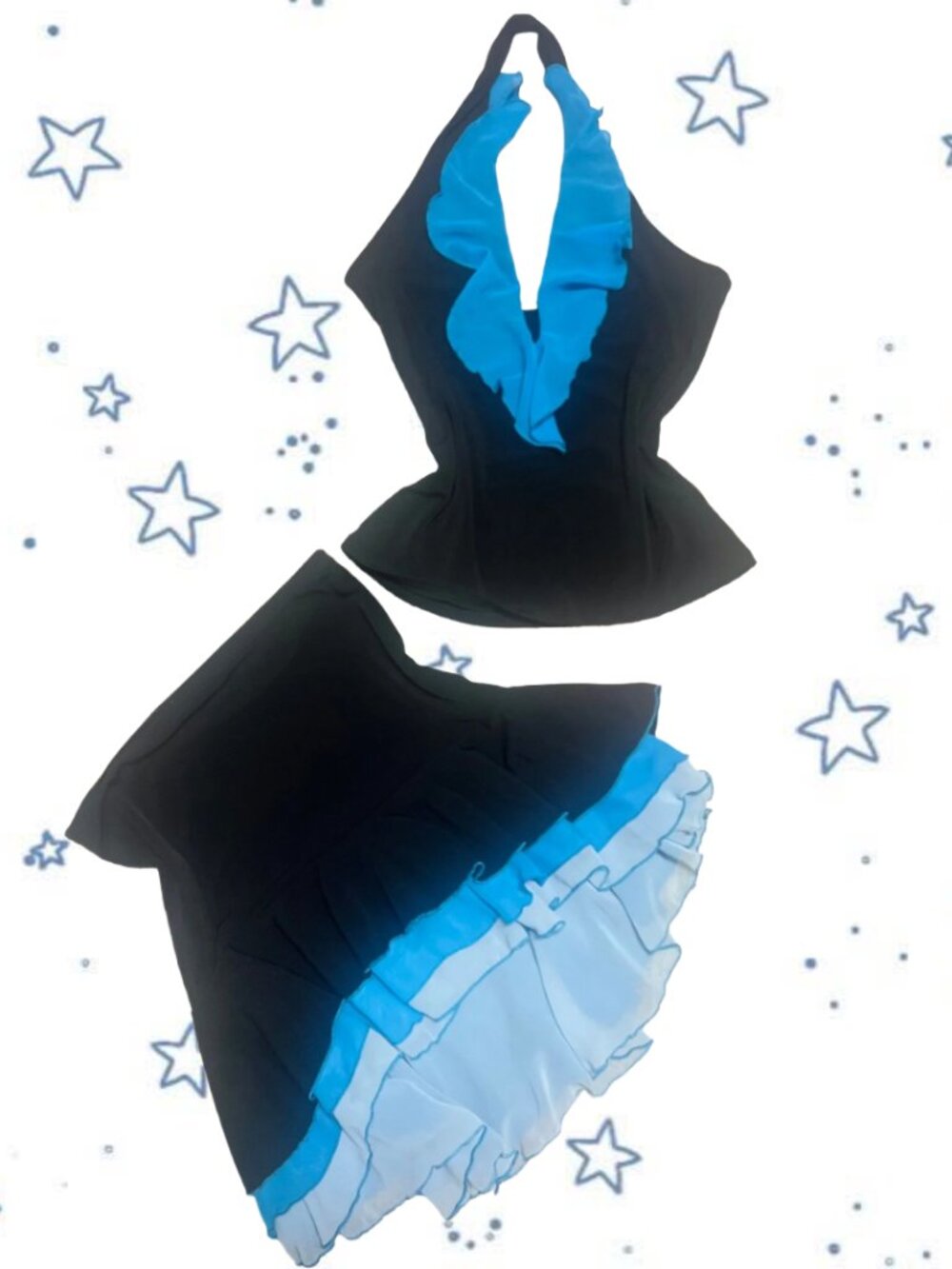Vintage Y2K FLAVA Made in USA Black & Blue Ruffle Halter Top + Layered Mini Skir